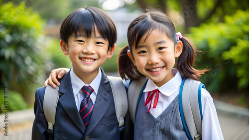 Two Asian Students in School Uniforms Standing Together