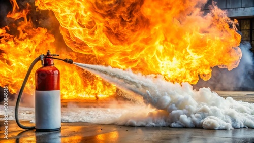 A fire extinguisher disperses a thick, white cloud of foam to smother and extinguish a blazing inferno, containing the flames and preventing further damage.