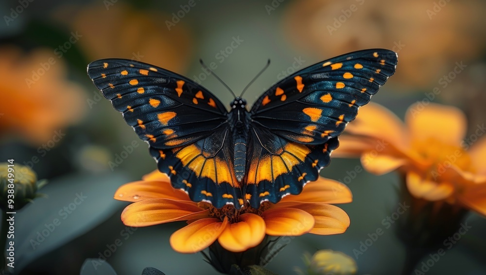Fototapeta premium A black and orange butterfly with its wings open perches on a delicate orange flower.