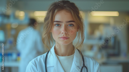  A female doctor in a white coat using a laptop for medical research or reviewing clinical data. The pure white room and clean workspace reflect a high level of professionalism