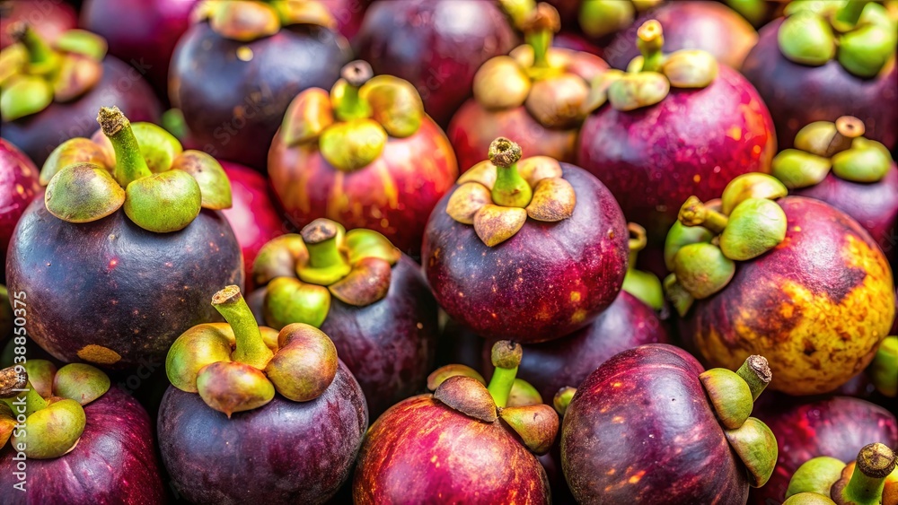 Close-up of ripe mangosteen fruits with selective focus in tropical Southeast Asia Close-up of ripe mangosteen fruits with selective focus in tropical Southeast Asia