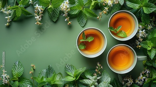 Wallpaper Mural Mint tea cup and teapot with green leaves on green background flat lay. Torontodigital.ca