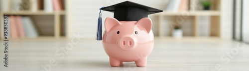 A cute piggy bank wearing a graduation cap, symbolizing financial education and saving for future success. photo