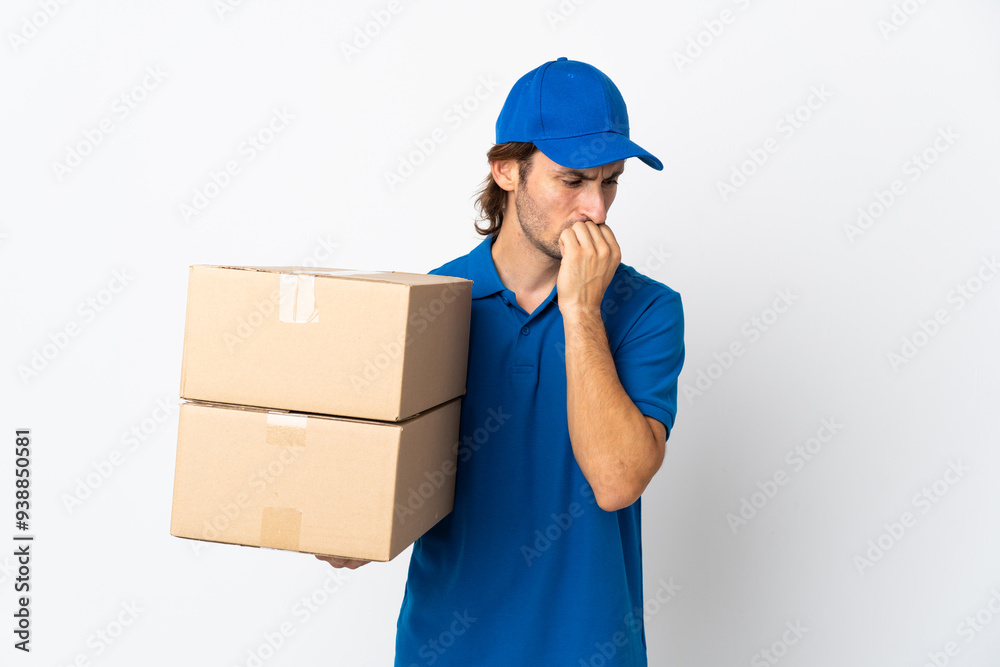 Delivery man isolated on white background having doubts Delivery man isolated on white background having doubts