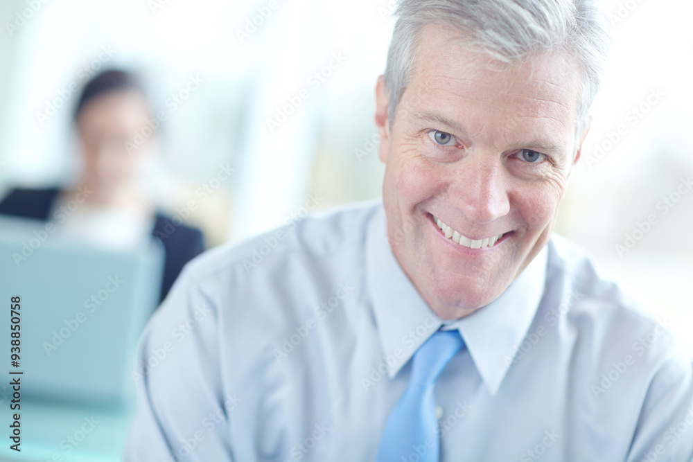 Obraz premium Business, mature man and smile at office on portrait with confidence for company growth as accountant. Male person, happy and satisfied as entrepreneur for professional career or job opportunity