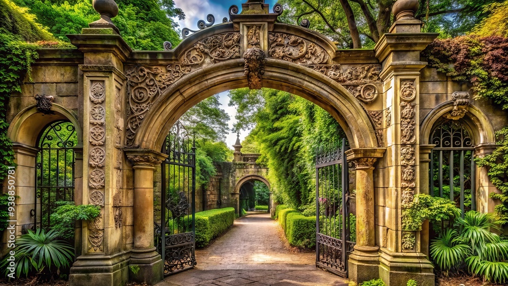 Fototapeta premium A grand stone archway entrance with intricate carvings and ornate iron gates, set amidst lush greenery, inviting visitors to explore the mysteries within.