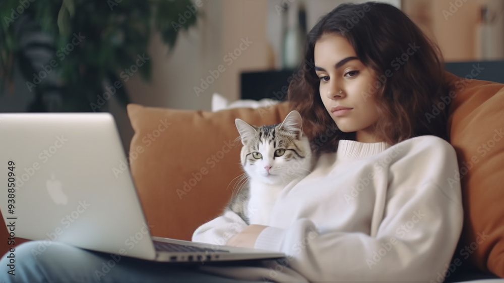 Φωτογραφία Teenage girl cat sitting on sofa holding laptop and watching movie on PC