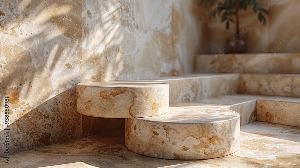 Cylinder stone podium for product display on beige background Cylinder stone podium for product display on beige background