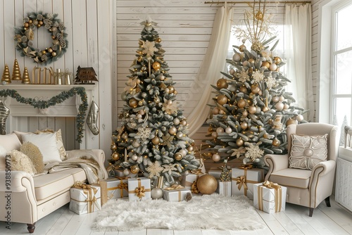 Living room with Christmas trees and decorations, wooden floor. Christmas background for photo shoot.