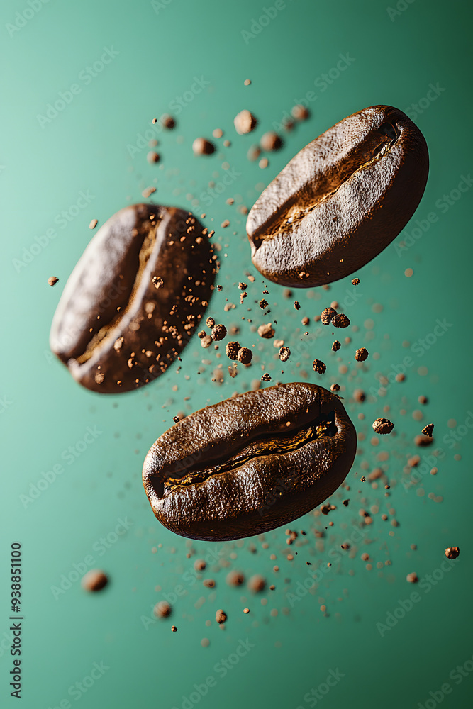Hyper-Realistic Coffee Beans in Mid-Air on Pastel Background Hyper-Realistic Coffee Beans in Mid-Air on Pastel Background