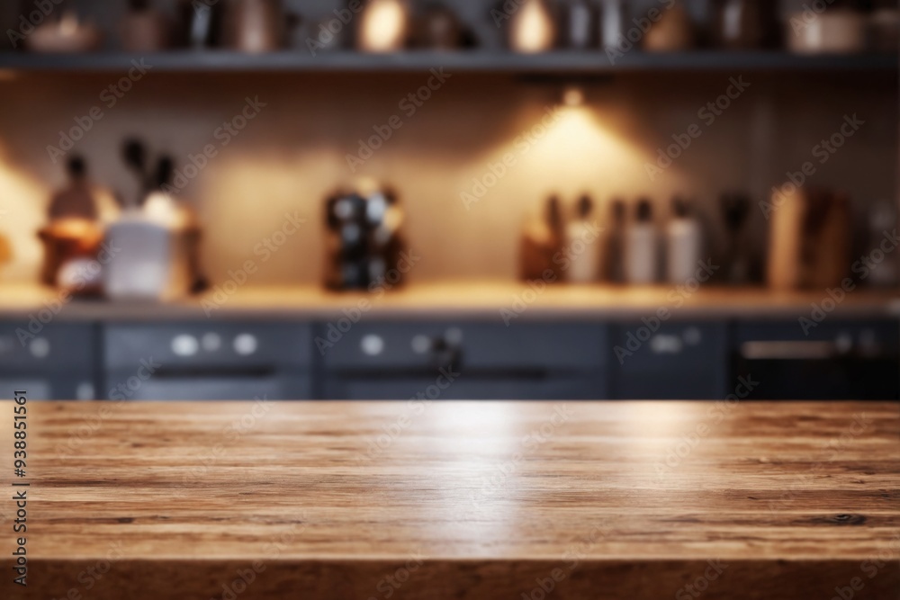 Close-up wooden table top foreground blurred background kitchen Close-up wooden table top foreground blurred background kitchen