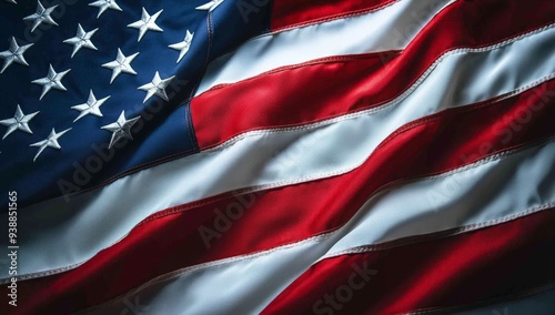 Close-Up of American Flag Waving in the Wind with Detailed Stars and Stripes