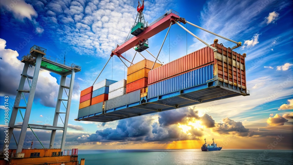 Fototapeta premium A large crane lifts a heavy cargo container off a ship's deck, suspended high in the air, against a clear blue sky with a few white clouds.