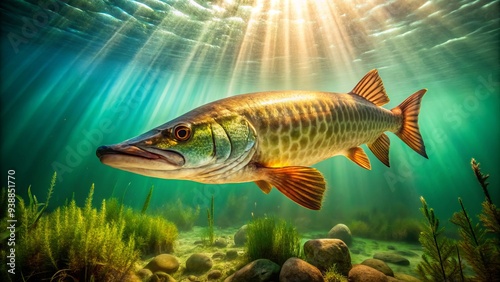 A large, metallic-scaled muskellunge fish swims in the crystal-clear water of a serene lake, its vibrant green and brown stripes glistening in the sunlight.