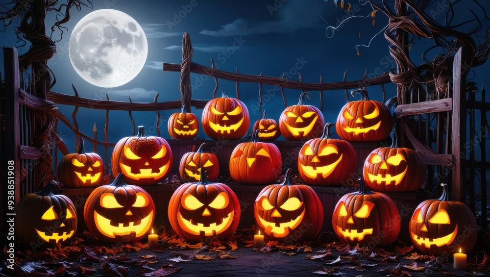 Night Scene of Pumpkins Lined Up under Full Moon Night Scene of Pumpkins Lined Up under Full Moon