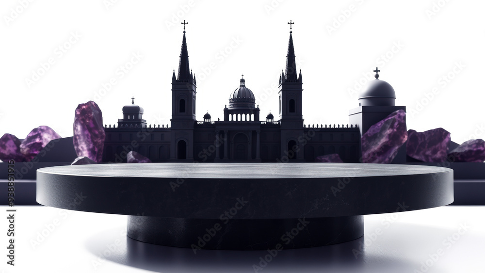 Obraz premium Black Marble Podium with Church and Purple Crystals