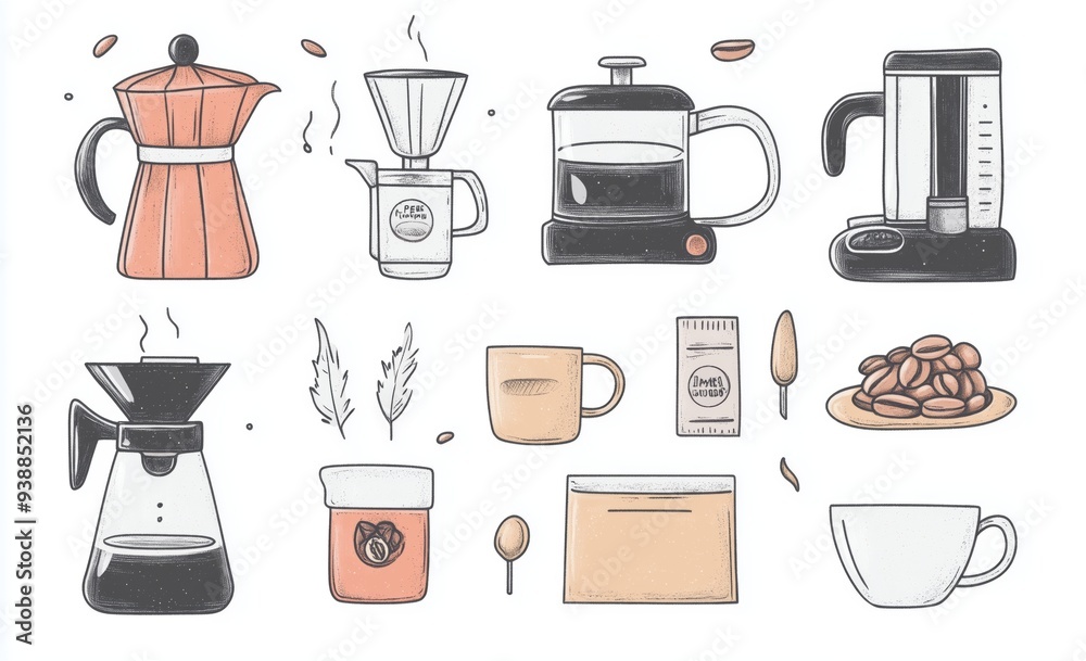 Minimalist vector illustrations of coffee tools and beans, featuring a hand-drawn doodle style with simple shapes, including a coffee machine, French press, dripping pot, coffee bag Minimalist vector illustrations of coffee tools and beans, featuring a hand-drawn doodle style with simple shapes, including a coffee machine, French press, dripping pot, coffee bag