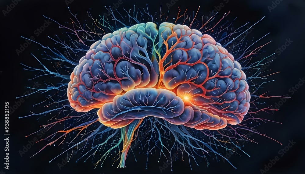 A image of a 3d rendered illustration of a electronic metal human brain with neon growing lightning A image of a 3d rendered illustration of a electronic metal human brain with neon growing lightning