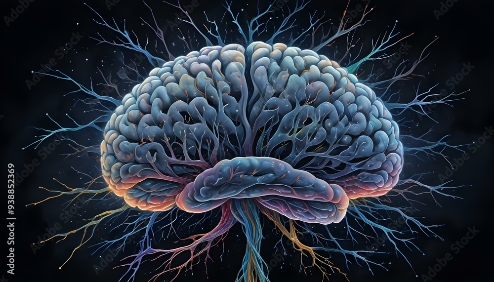 A image of a 3d rendered illustration of a electronic metal human brain with neon growing lightning A image of a 3d rendered illustration of a electronic metal human brain with neon growing lightning
