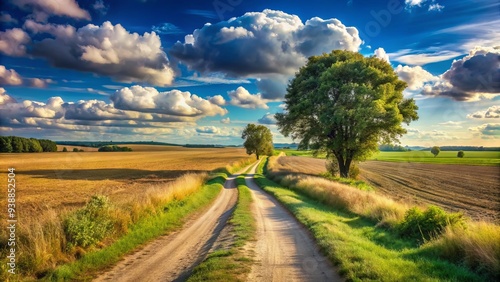 A long, winding dirt path stretches into the distance, flanked by vast open fields and scattered trees, under a bright blue sky with few clouds. photo