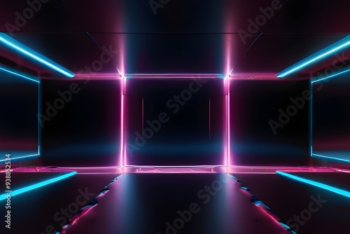 Dark abstract futuristic background. The geometric shape of the rectangle in the middle of the scene. Neon blue-pink rays of light on a dark ... Generative AI