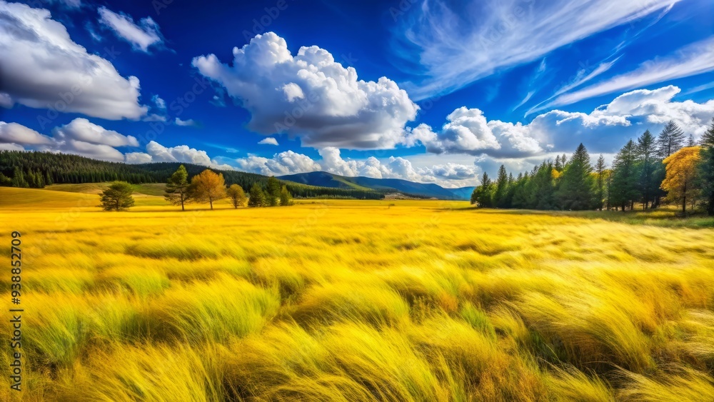 Fototapeta premium A Lush Meadow Covered In Vibrant Yellow Grass, Swaying Gently In The Breeze Under A Bright Blue Sky.