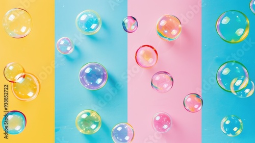 Colorful soap bubbles rise and float against a bright, pastel-colored background, creating a playful and cheerful visual effect