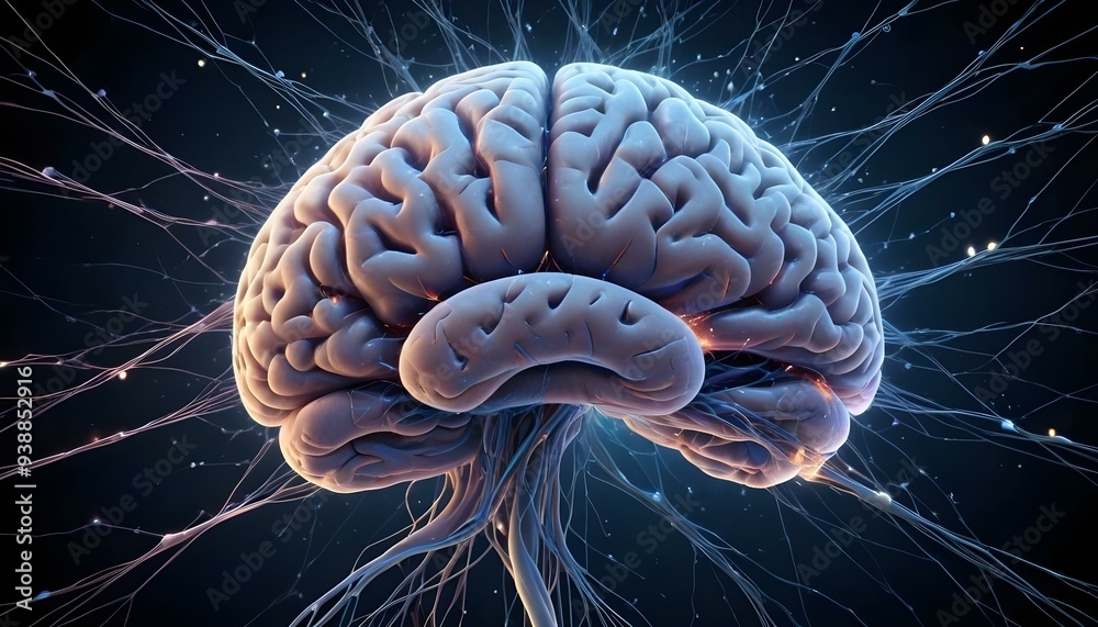 A image of a 3d rendered illustration of a electronic metal human brain with neon growing lightning A image of a 3d rendered illustration of a electronic metal human brain with neon growing lightning
