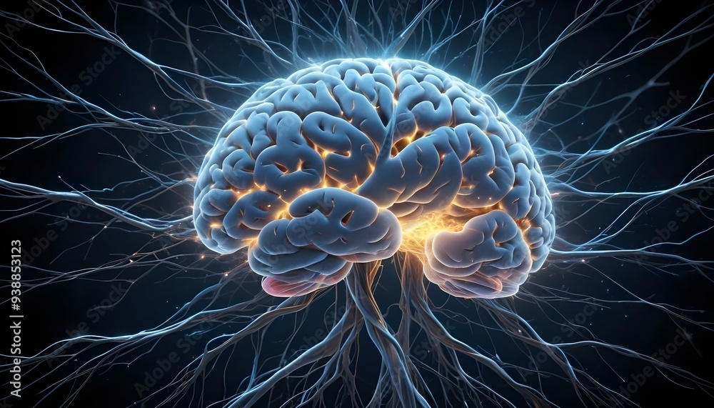 A image of a 3d rendered illustration of a electronic metal human brain with neon growing lightning A image of a 3d rendered illustration of a electronic metal human brain with neon growing lightning
