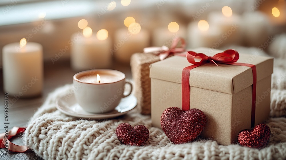 Elegant vertical Valentine�s Day background with gift boxes, heart-shaped candles, and a coffee cup on a beige surface. Elegant vertical Valentine�s Day background with gift boxes, heart-shaped candles, and a coffee cup on a beige surface.