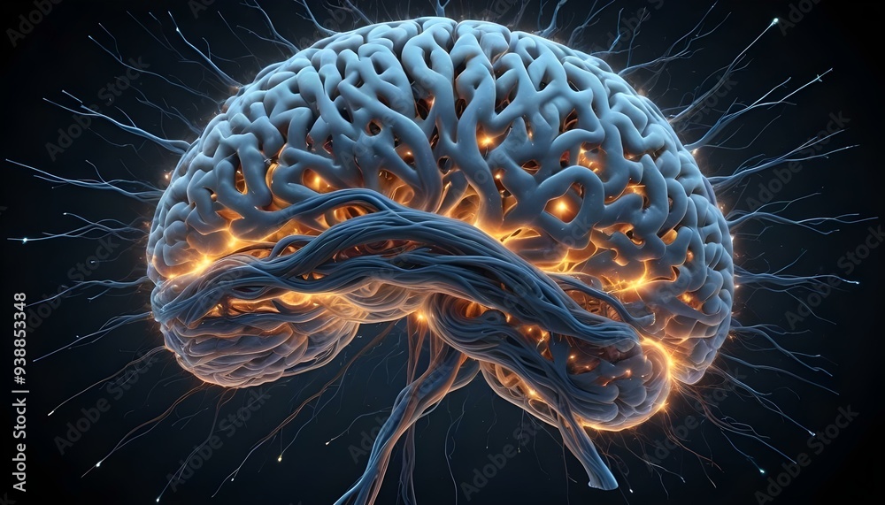 A image of a 3d rendered illustration of a electronic metal human brain with neon growing lightning A image of a 3d rendered illustration of a electronic metal human brain with neon growing lightning