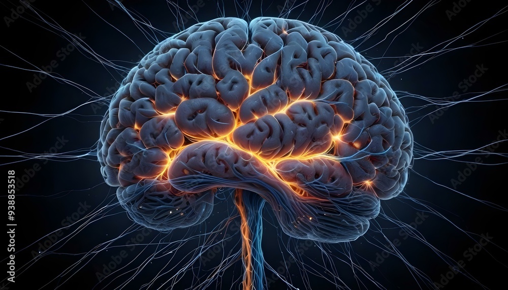 A image of a 3d rendered illustration of a electronic metal human brain with neon growing lightning A image of a 3d rendered illustration of a electronic metal human brain with neon growing lightning