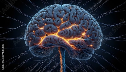A image of a 3d rendered illustration of a electronic metal human brain with neon growing lightning