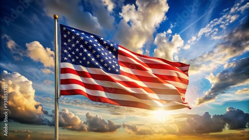 American flag waves solemnly in memorial of tragic September 11th events, honoring patriotism, courage, and lives lost on a fateful day in United States history. photo