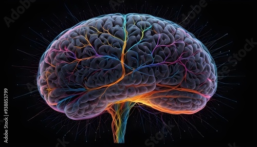 A image of a 3d rendered illustration of a electronic metal human brain with neon growing lightning