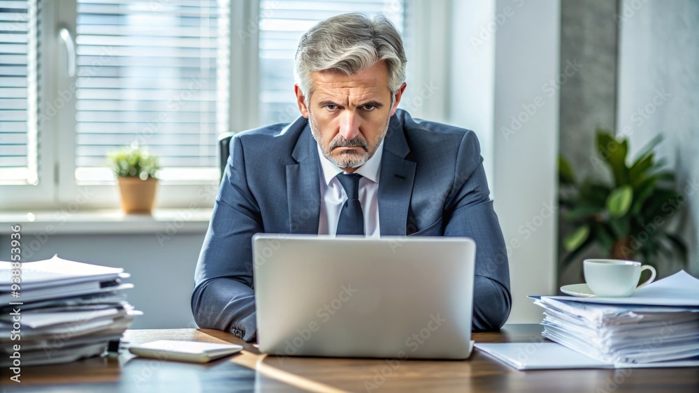 A middle-aged executive with a scowl on his face sits at his desk, surrounded by papers and laptops, exuding frustration and discontent. A middle-aged executive with a scowl on his face sits at his desk, surrounded by papers and laptops, exuding frustration and discontent.