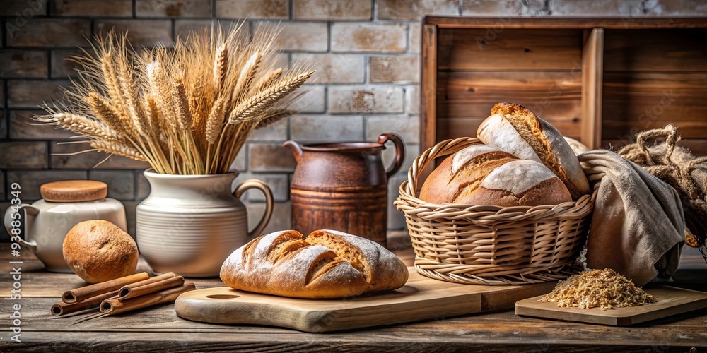 Freshly baked bread on a rustic kitchen countertop with wheat stalks and ceramic tableware