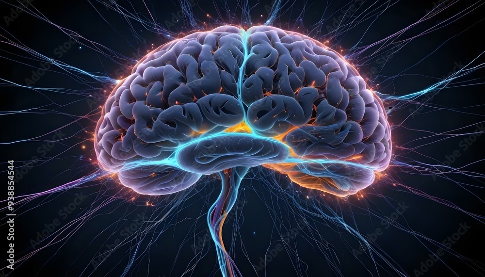 A image of a 3d rendered illustration of a electronic metal human brain with neon growing lightning A image of a 3d rendered illustration of a electronic metal human brain with neon growing lightning