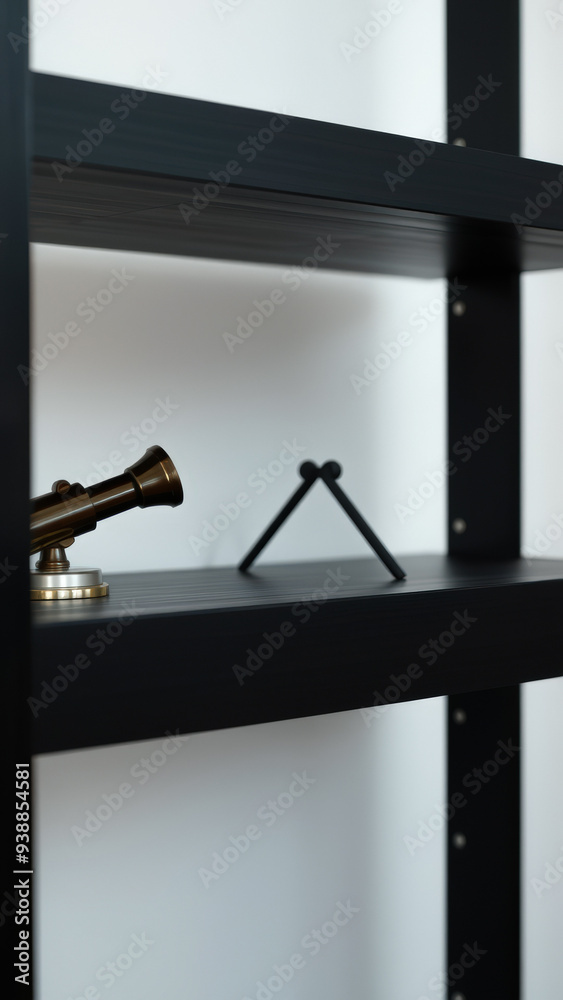 Black Shelf With Gold Telescope Black Shelf With Gold Telescope