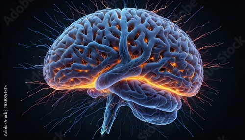 A image of a 3d rendered illustration of a electronic metal human brain with neon growing lightning