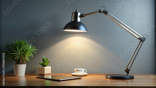 A modern, sleek desk lamp with a minimalist design and adjustable arm, sitting on a tidy, organized workspace with a calm, focused atmosphere.