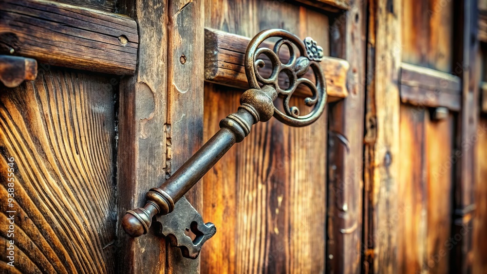 A mysterious, ornate, old-fashioned key with the number 13 etched onto its surface, resting on a worn, wooden vintage door with rusty hinges. A mysterious, ornate, old-fashioned key with the number 13 etched onto its surface, resting on a worn, wooden vintage door with rusty hinges.
