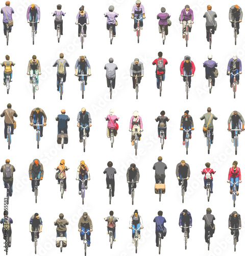Isometric Cycling People Set from Side, Front, and Back Views on White Background - Vector EPS