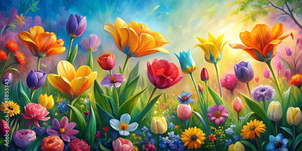 Fototapeta premium Vibrant spring oil painting of colorful flowers, nature artwork