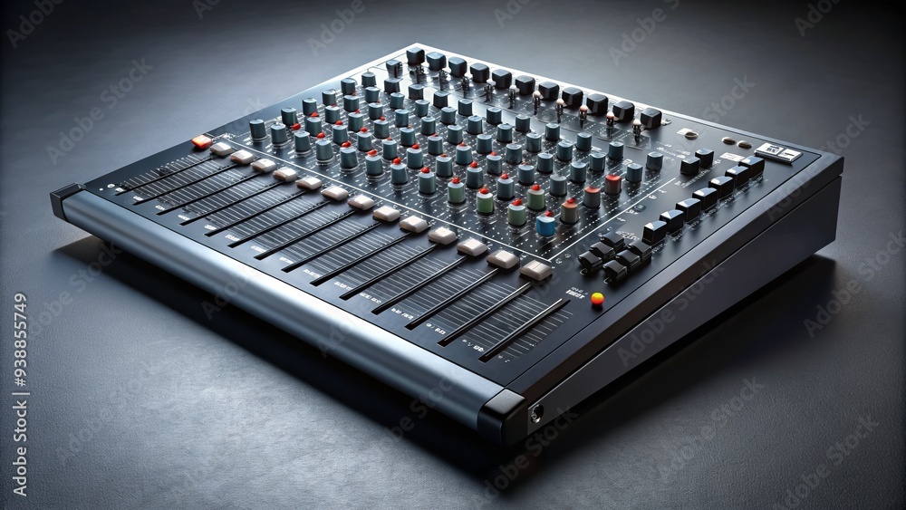 Analog audio mixer with sliding faders and rotary knobs controlling sound levels, gain, and frequency, set against a dark grey background with subtle shadow. Analog audio mixer with sliding faders and rotary knobs controlling sound levels, gain, and frequency, set against a dark grey background with subtle shadow.