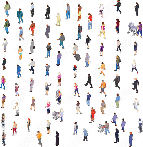 Isometric People Set from Side, Front, and Back Views on White Background - Vector EPS