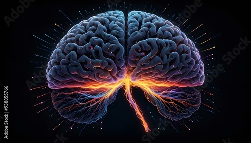 A image of a 3d rendered illustration of a electronic metal human brain with neon growing lightning