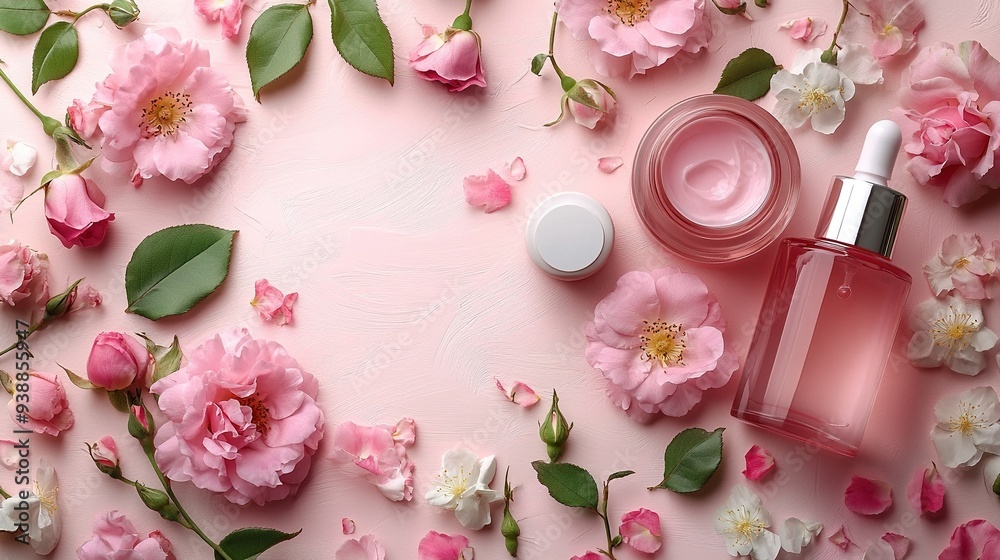 Rose blossom face skin care products on pastel pink flat lay background