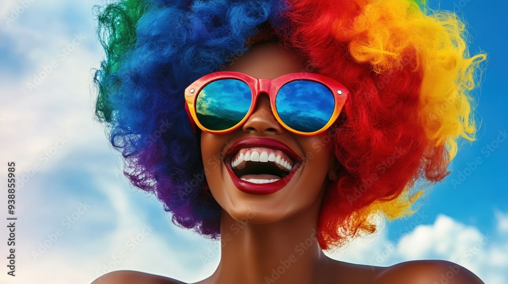 Celebratory close-up of a joyful African American woman in vibrant clown wig and makeup at a pride parade, showcasing diversity and inclusion against a clear blue sky backdrop, ideal for social awaren Celebratory close-up of a joyful African American woman in vibrant clown wig and makeup at a pride parade, showcasing diversity and inclusion against a clear blue sky backdrop, ideal for social awaren