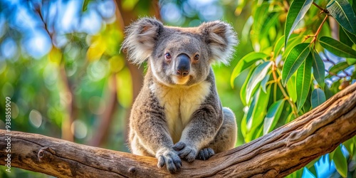 Wild koala perched on eucalyptus tree branch in Magnetic Island, Australia wildlife habitat